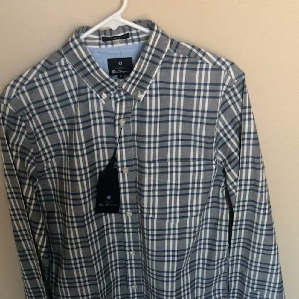 Ben Sherman Long-Sleeve Blue White Checked Button Down Collar Dress Shir…